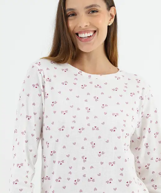 Pijama Feminino Estampa Corações Marisa Off White