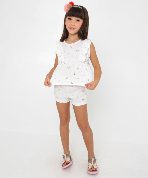 Conjunto Infantil Textura Flores Marisa Tam 4 a 10 Off White