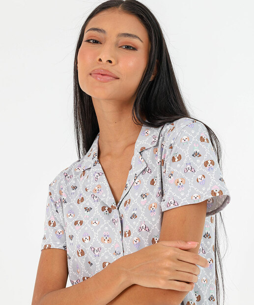 Pijama Americano Feminino Cachorros Marisa Cinza