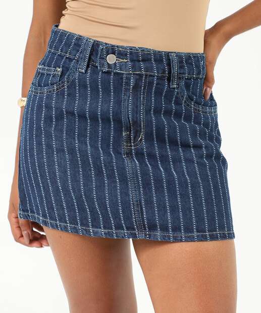 Mini Saia Jeans Feminina Listrada Vizzy Azul