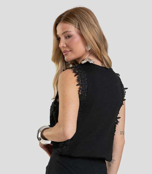 Blusa Feminina Com Renda Guipir Dianna Preto