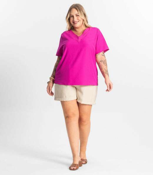 Blusa Manga Curta Plus Size Secret Glam Rosa