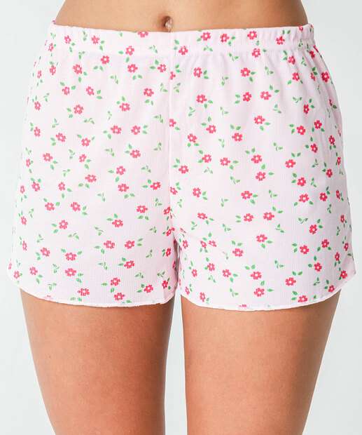 Pijama Feminino Canelado Flores Sem Manga Marisa Rosa