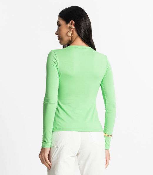Blusa Manga Longa Decote V Básica Select Verde