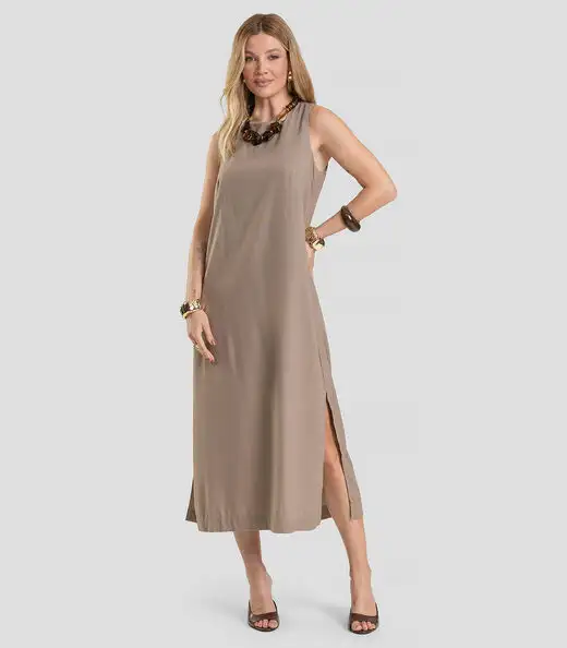 Vestido Midi Feminino em Tecido Linho Dianna Marrom