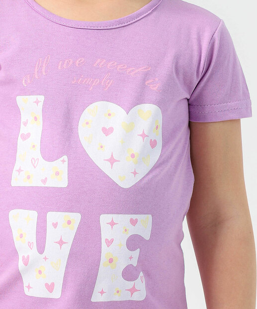 Blusa Infantil Manga Curta Estampa Love Marisa Tam 4 a 10 Lilás