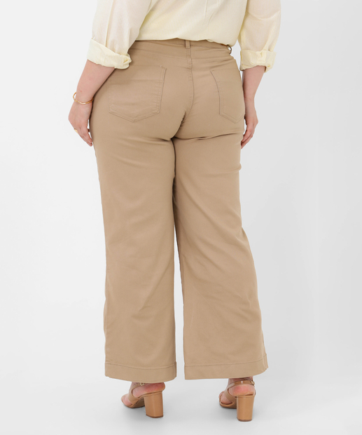 Calça Plus Size Feminina Sarja Wide Leg Petit Sawary Bege