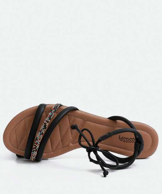 Sandália Feminina Rasteira Strass Amarração Mississipi