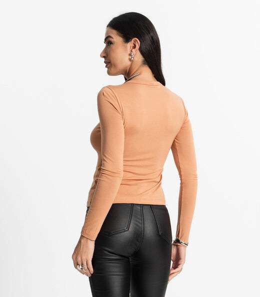 Blusa Manga Longa Decote V Básica Select Marrom