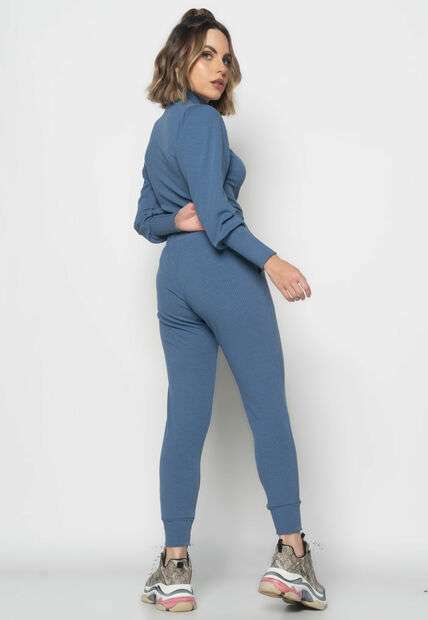 Conjunto Comfy Com Blusa Princesa M/L e Jogger Canelado Azul Jeans Salvatore