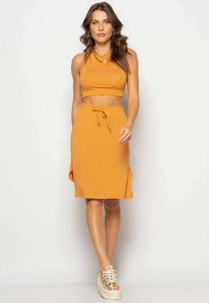 Conjunto Cropped Recorte E Saia Midi Malha Caramelo Salvatore