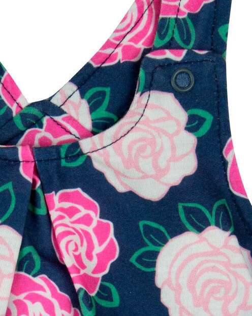 Macacão Bebê Menina Verão Sem Mangas Microfibra Estampada Rosas - Marinho