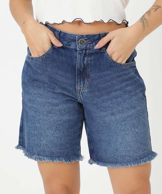 Bermuda Jeans Feminina Barra Desfiada Marisa