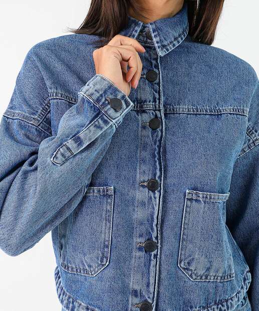 Camisa Feminina Bolso Manga Longa Sawary Azul