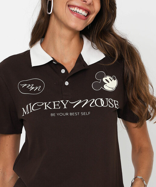 Blusa Feminino Polo Mickey Manga Curta Disney Marrom