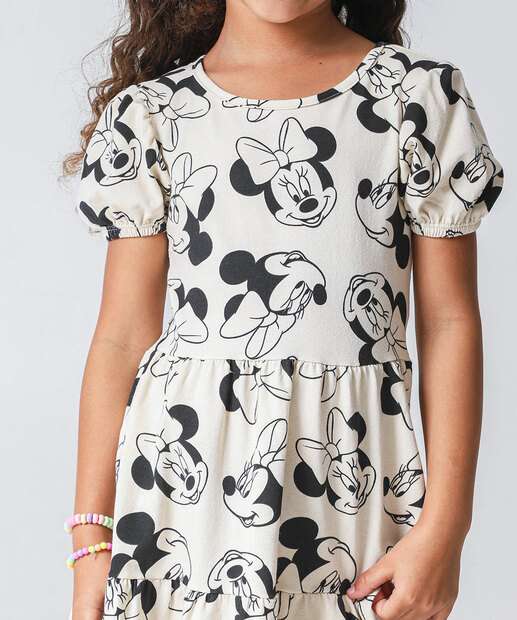 Vestido Infantil Minnie Manga Bufante Disney Tam 4 a 10 Bege