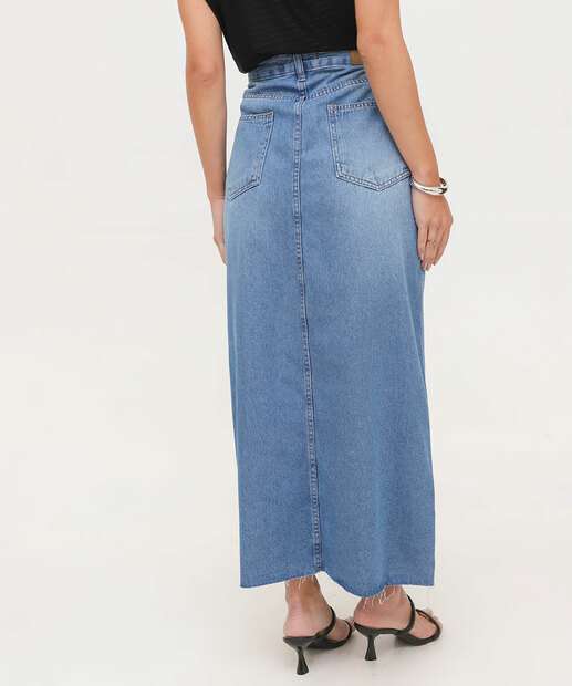 Saia Longa Jeans Feminina Fenda Frontal