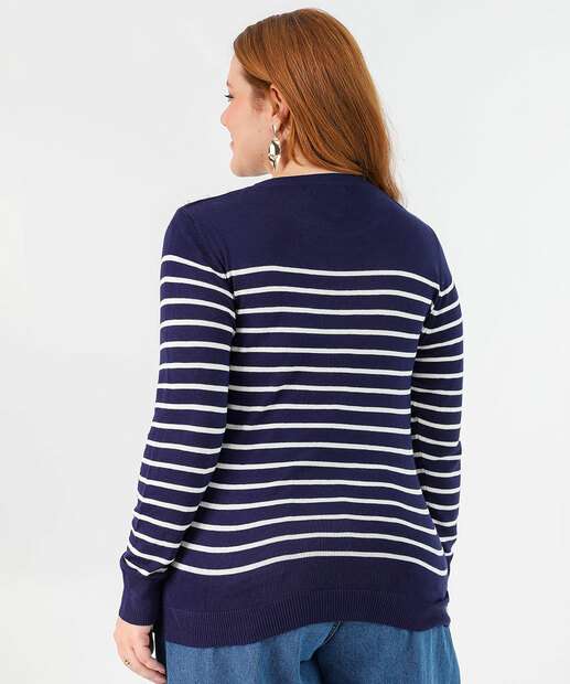 Suéter Plus Size Feminino Tricô Listrado Pérolas Marisa Azul