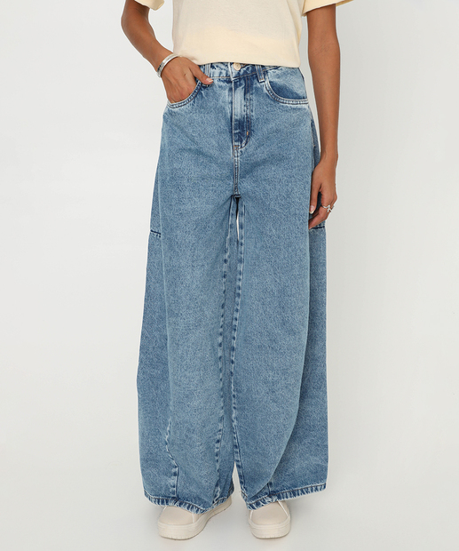 Calça Jeans Feminina Balloon Bolsos Sawary Azul