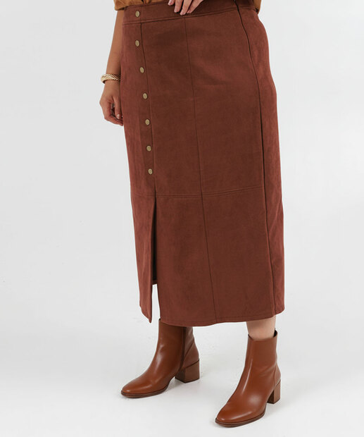 Saia Midi Feminina Plus Size Botões Fenda Marisa Marrom