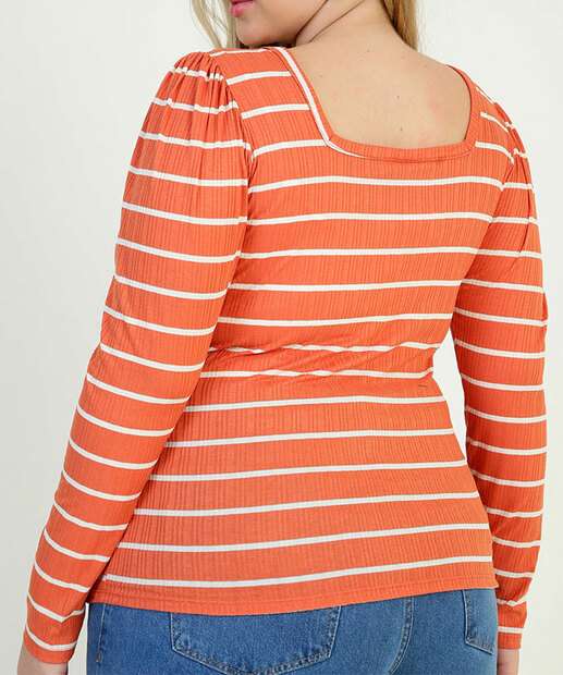 Blusa Plus Size Feminina Canelada Listrada Manga Longa