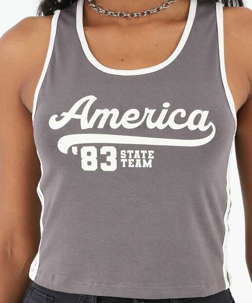 Blusa Regata Feminina Frase Listras Marisa Cinza