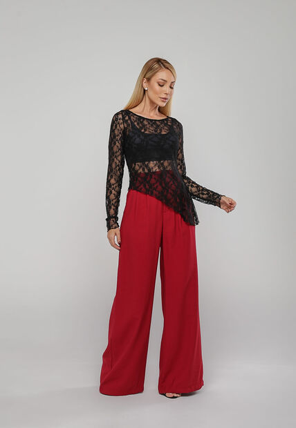 Blusa De Renda Assim?trica Manga Longa Preto Salvatore
