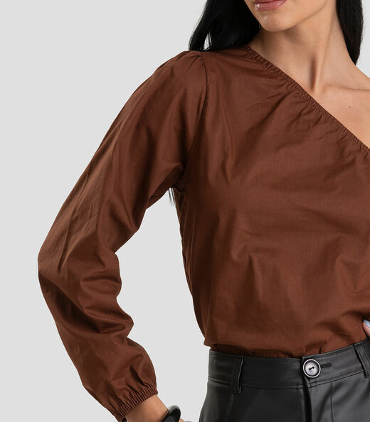 Blusa Feminina Manga Única em Tricoline Dianna Marrom