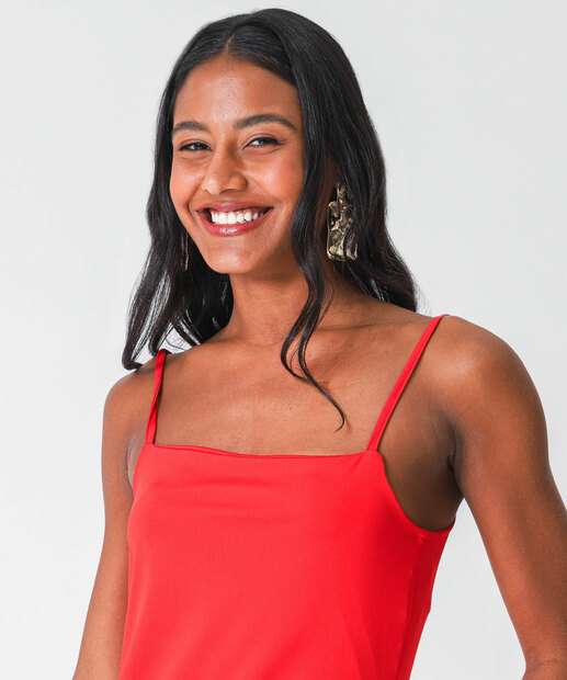 Vestido Midi Feminino Fenda Alças Finas Marisa Vermelho