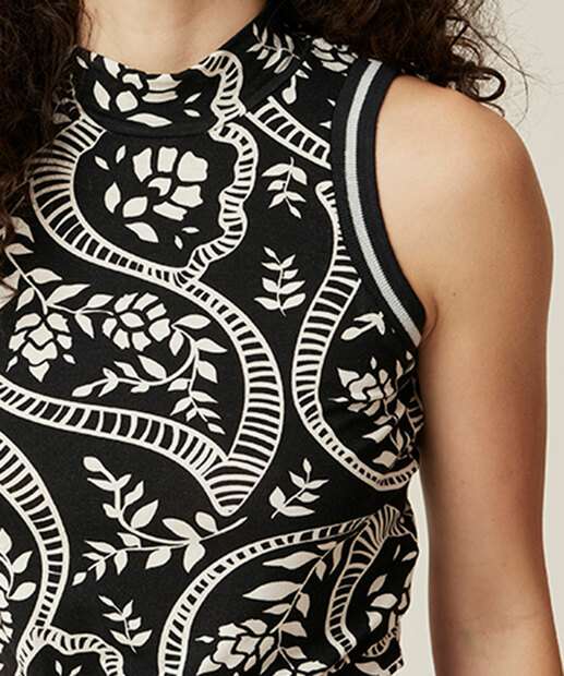 Blusa Regata Feminina Folhas Amarração Gola Alta 