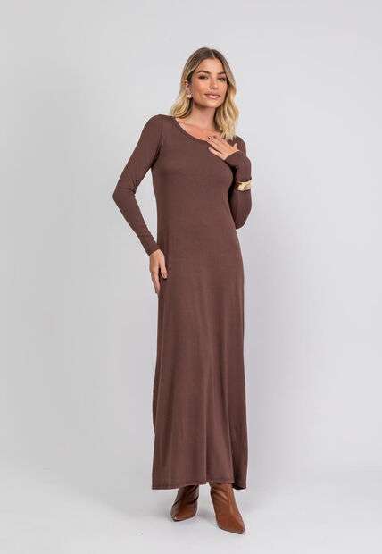 Vestido Longo Manga Longa Malha Marrom Salvatore Fashion