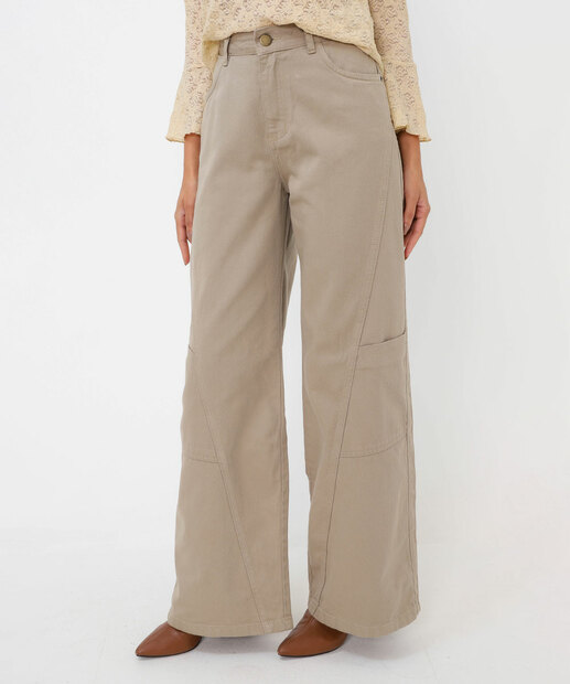 Calça Wide Leg Feminina Sarja Bolsos Bege