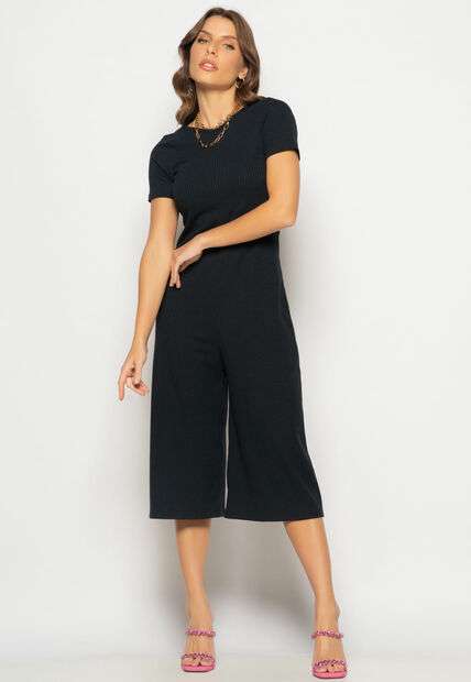 Macacão Pantacourt Manga Curta Costas Em V Canelado Preto Salvatore