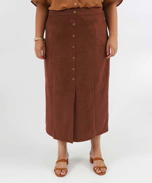 Saia Midi Feminina Plus Size Botões Fenda Marisa Marrom
