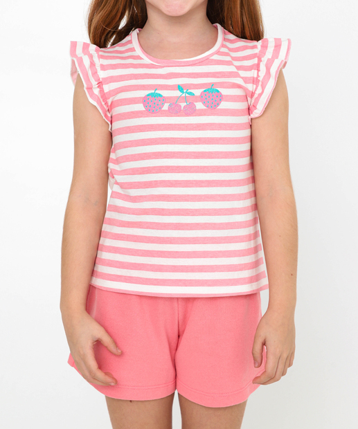 Conjunto Infantil Listrado Babado Marisa Tam 4 a 10 Rosa