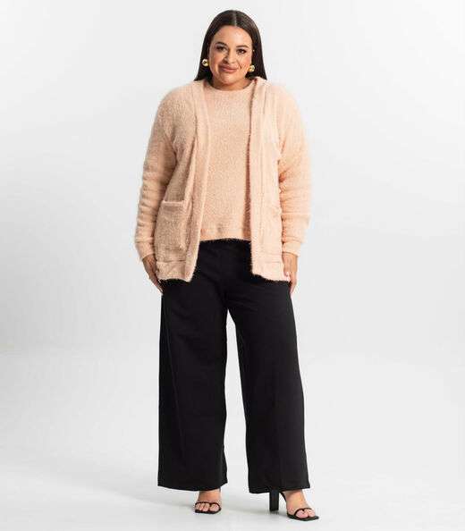 Cardigan Feminino Plus Size Em Tricot Secret Glam Rosa