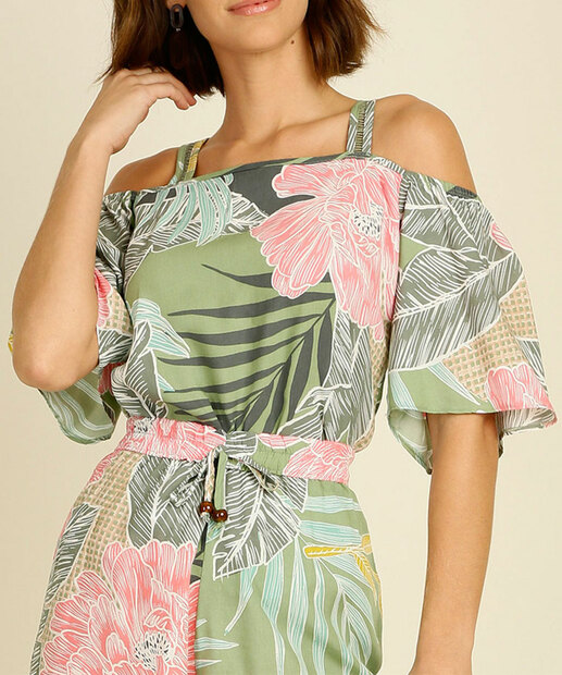 Blusa Feminina Open Shoulder Estampa Folhas