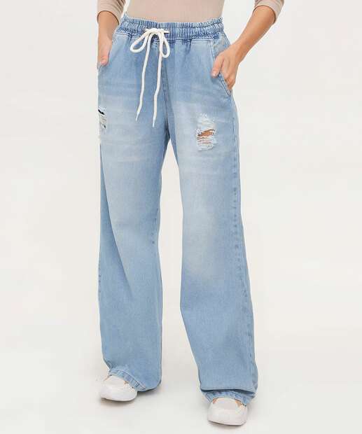 Calça Jeans Destroyed Wide Leg Feminina