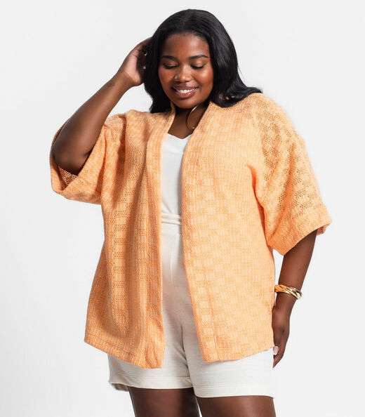 Kimono Feminino Plus Size Em Tricot Secret Glam Laranja