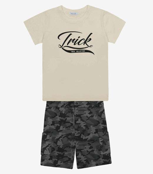 Conjunto Menino Camiseta Com Bermuda Trick Nick Bege