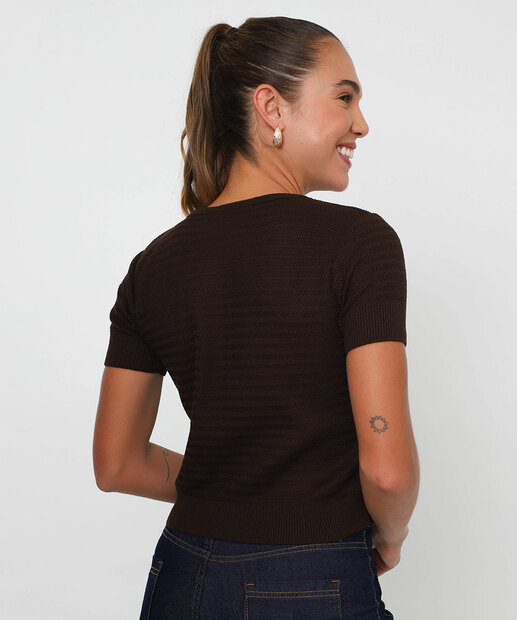 Blusa Feminina Tricô Manga Curta Marisa Marrom