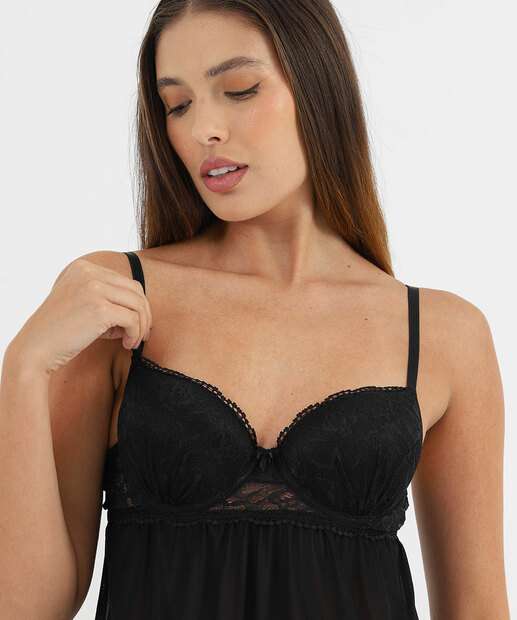 Camisola Sensual Tule Recorte Renda Marisa Preto