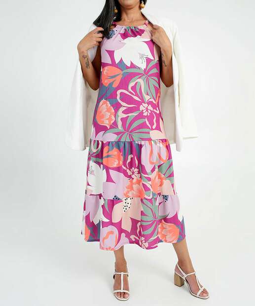 Vestido Midi Feminino Floral Halter Neck Marisa  