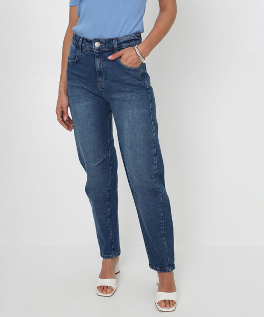 Calça Jeans Barrel Feminina Bolsos Sawary Azul