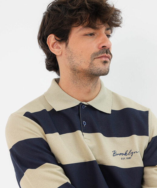 Polo Masculina Moletinho Listrada Manga Longa MR Bege