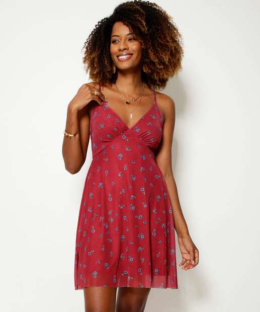 Vestido Feminino Tule Flores Alças Finas Marisa