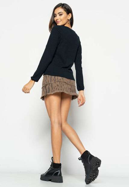 Blusa  Gola V Manga Longa Canelada Preta