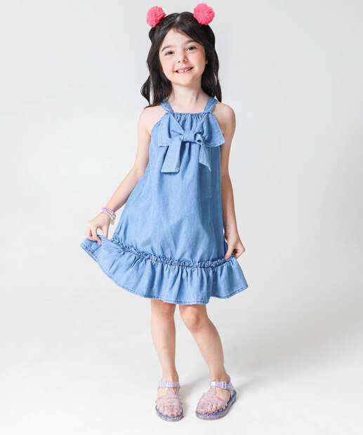 Image_Vestido Infantil Jeans Babado Laço Tam 4 a 10