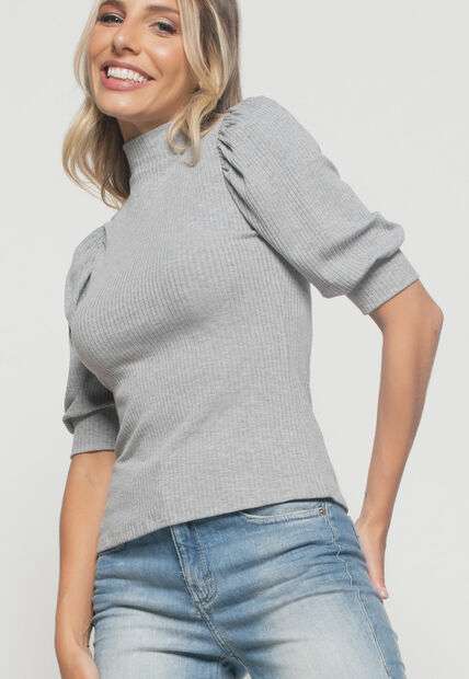 Blusa  Princesa Manga Curta Canelada Mescla