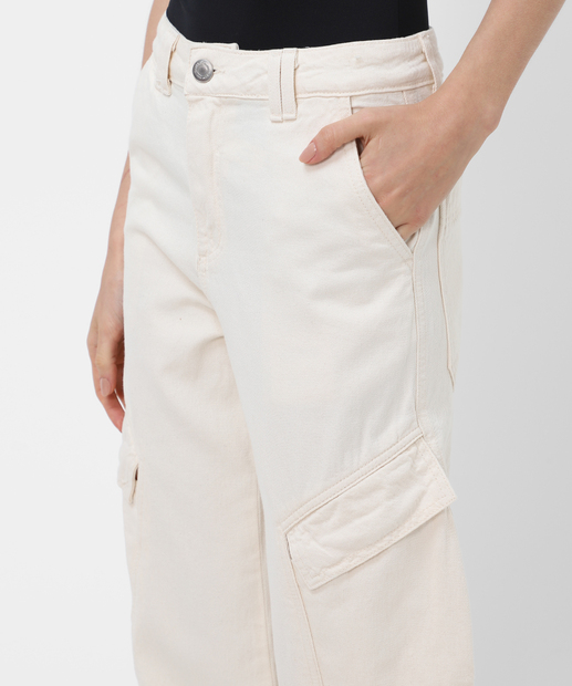 Calça Wide Leg Feminina Sarja Cargo Sawary Off White